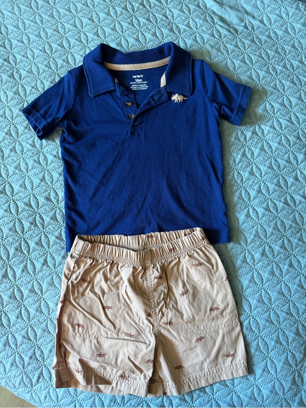 Carter's Royal Blue Polo with Tan Dino-Print Shorts